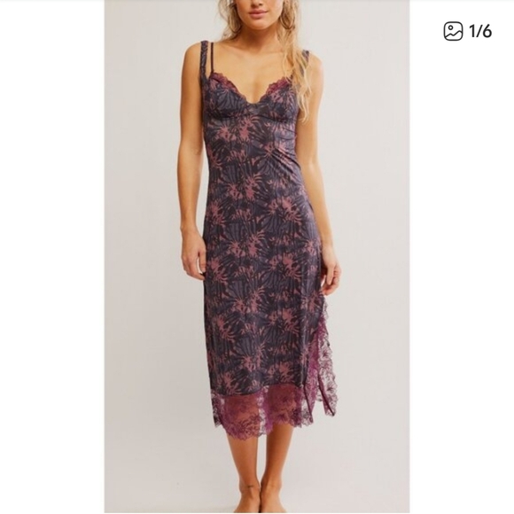 Free People Other - Free People Midi Slip/Dress in Deep Charcoal with Dusty Rose Floral